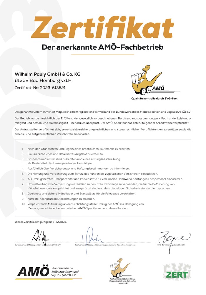 Ein AMOE zertifiziertes Unternehmen, Wilhelm Pauly Umzüge, in Bad Homburg und Rhein Main